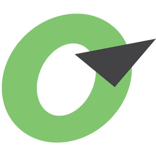 Geomega logo mark: green O crossed by a dark compass arrow