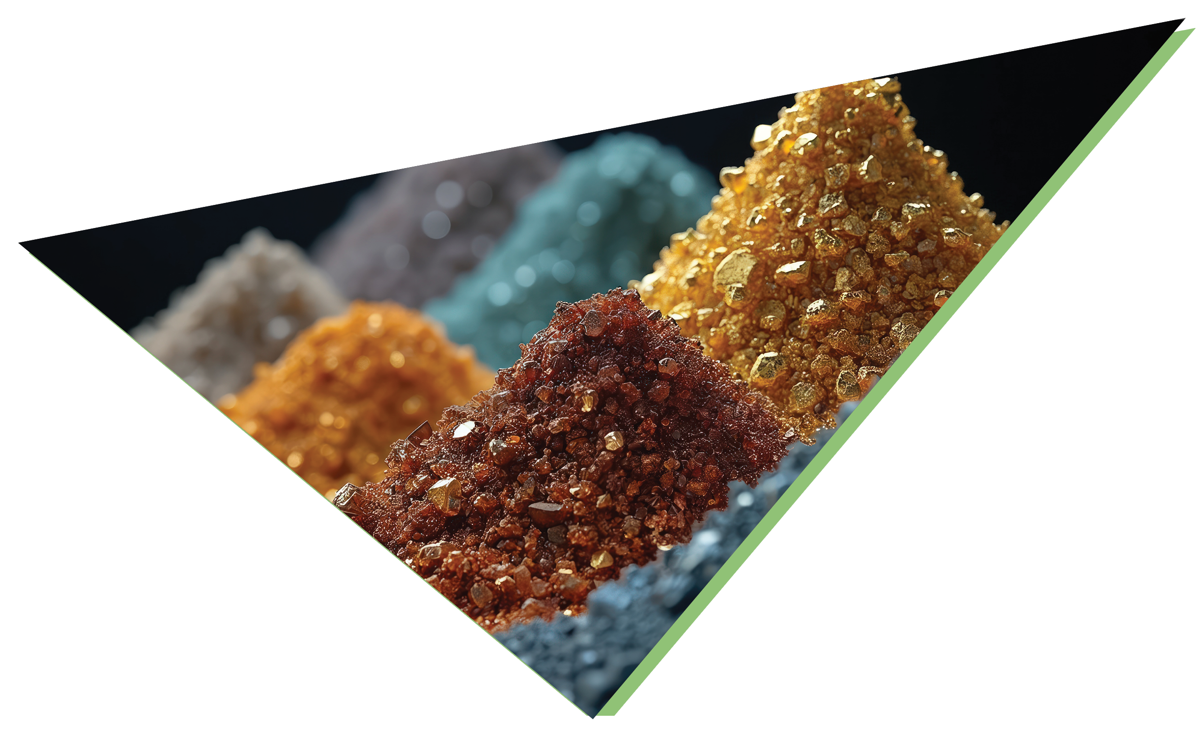 Colourful piles of crystalline rare earth and critical mineral powders