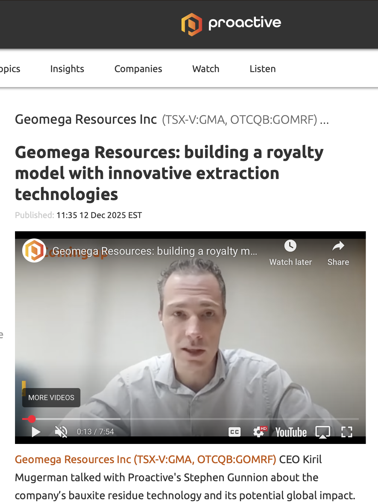 Proactive interview with Geomega CEO on royalty model and extraction technologies