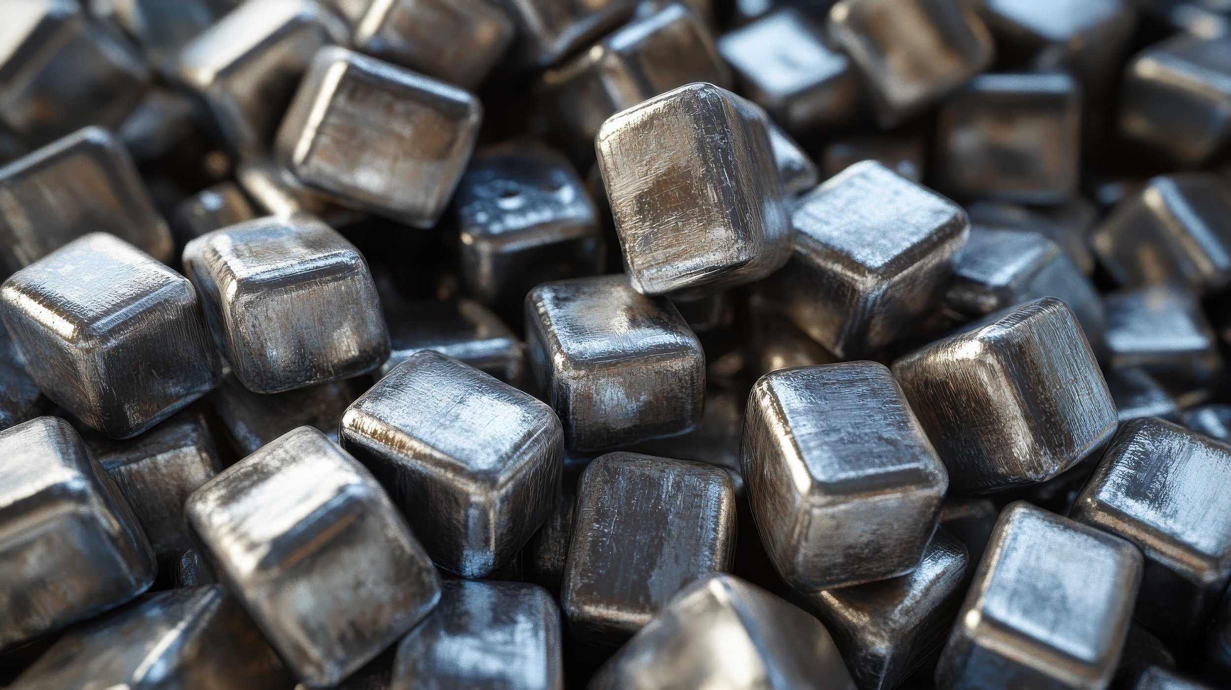 Pile of shiny metallic rare earth metal cubes