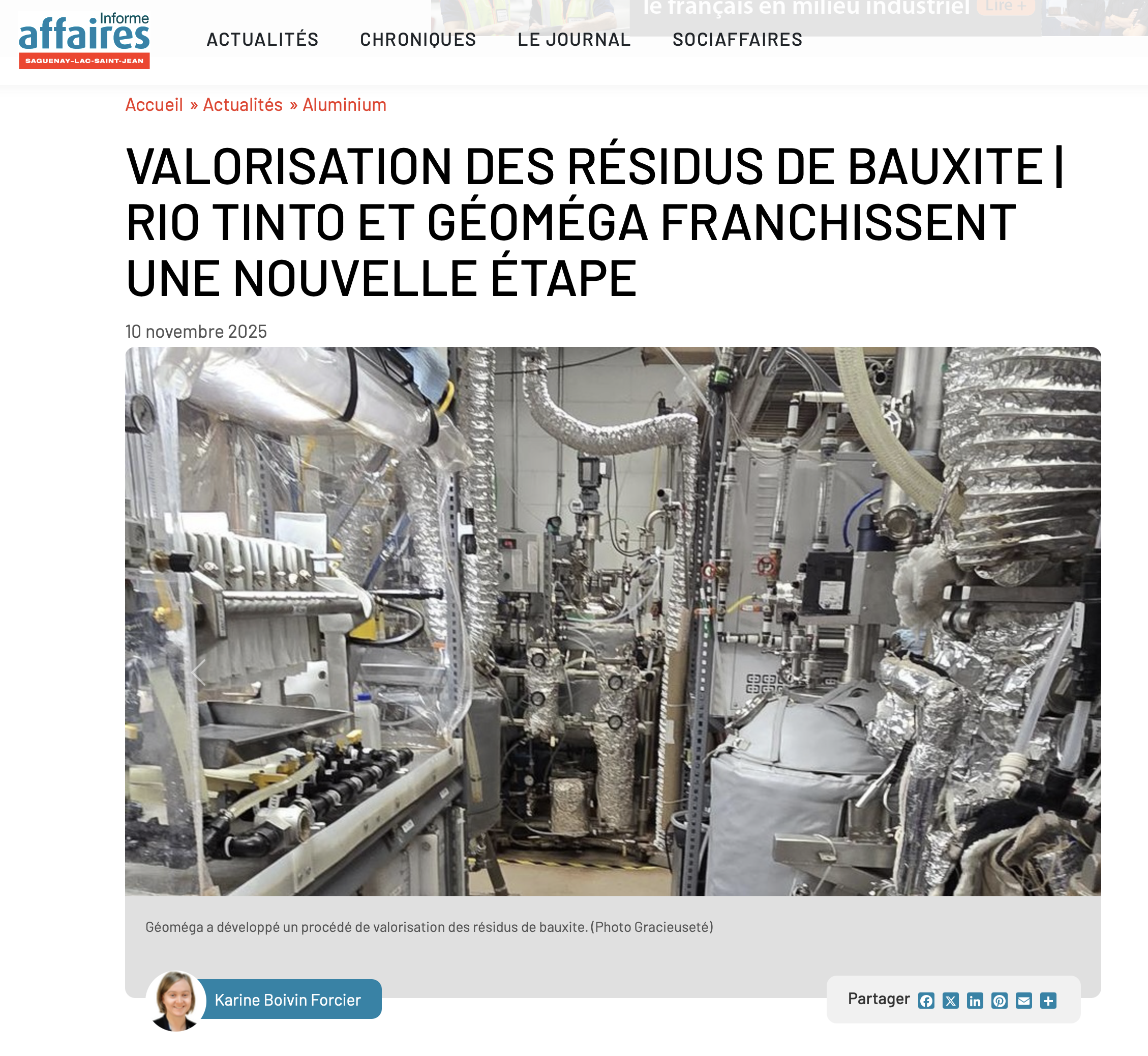 Informe Affaires article on Rio Tinto and Geomega bauxite residue milestone
