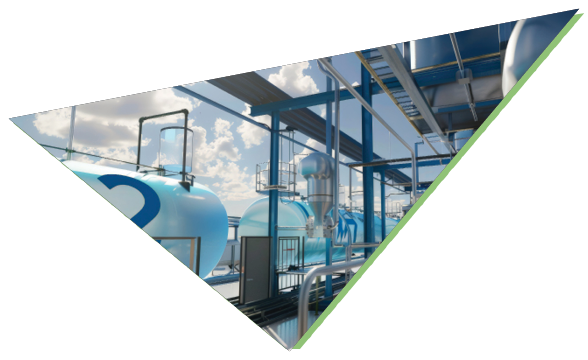 Blue chemical processing plant with tanks and piping under open sky